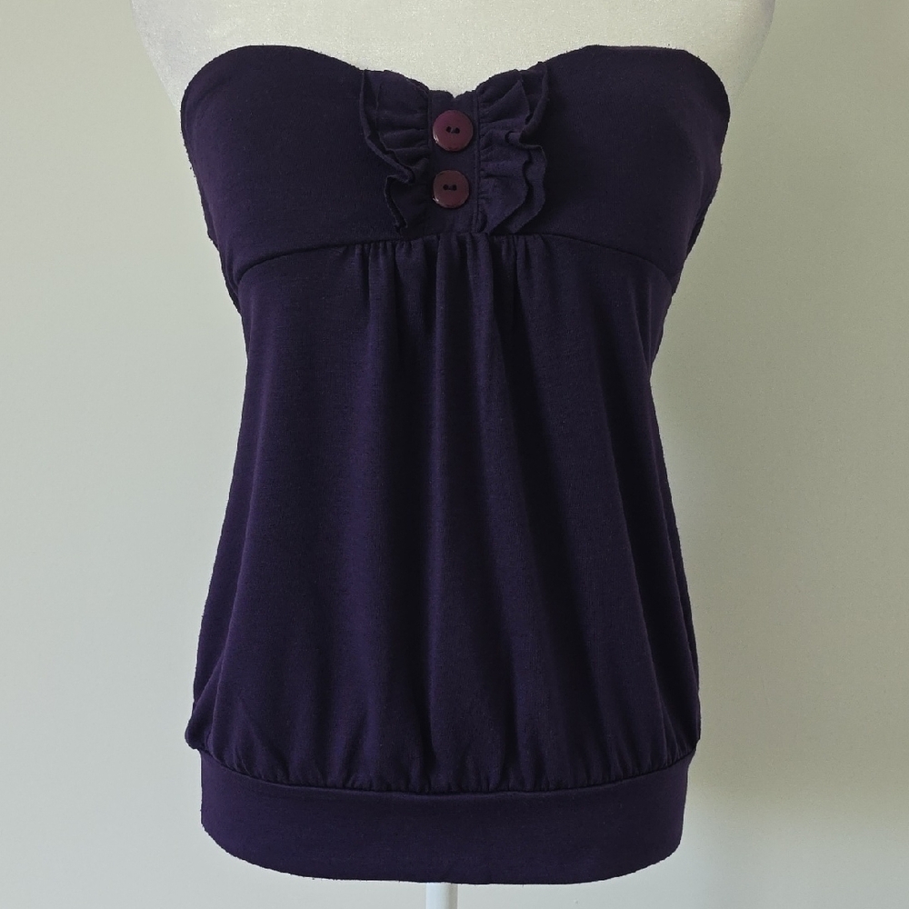 Women's Purple Ruffled Bustier Strapless Sweetheart Neck Blouse Top Size L